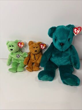 Ty Plush Bear Trio - Teal, Light Green, and Brown Teddy Set